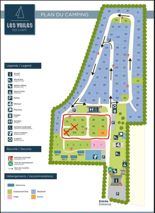 Plan du camping emplacements réservés entourés rouge