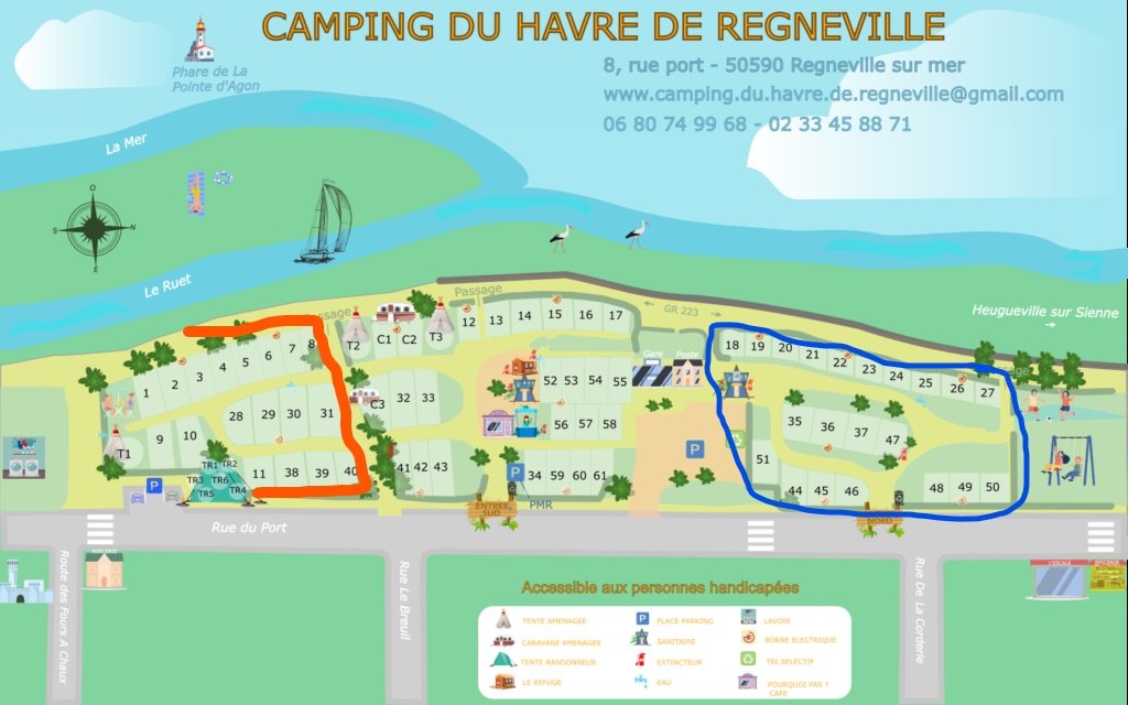 Les emplacements à gauche des numéros 8, 31 et 40 sont réservés aux tentes